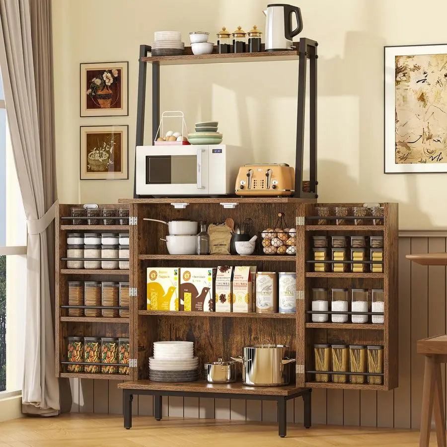 Pantry Storage Cabinet with, Storage Shelves, Modern  Hutch with Microwave Stand, Adjustable Shelf