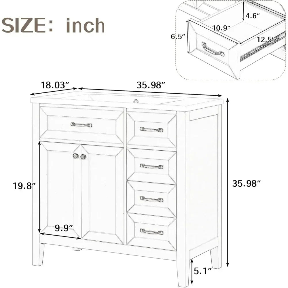 Wood  Vanity Set, white sink, cabinet w 3 drawers, doors