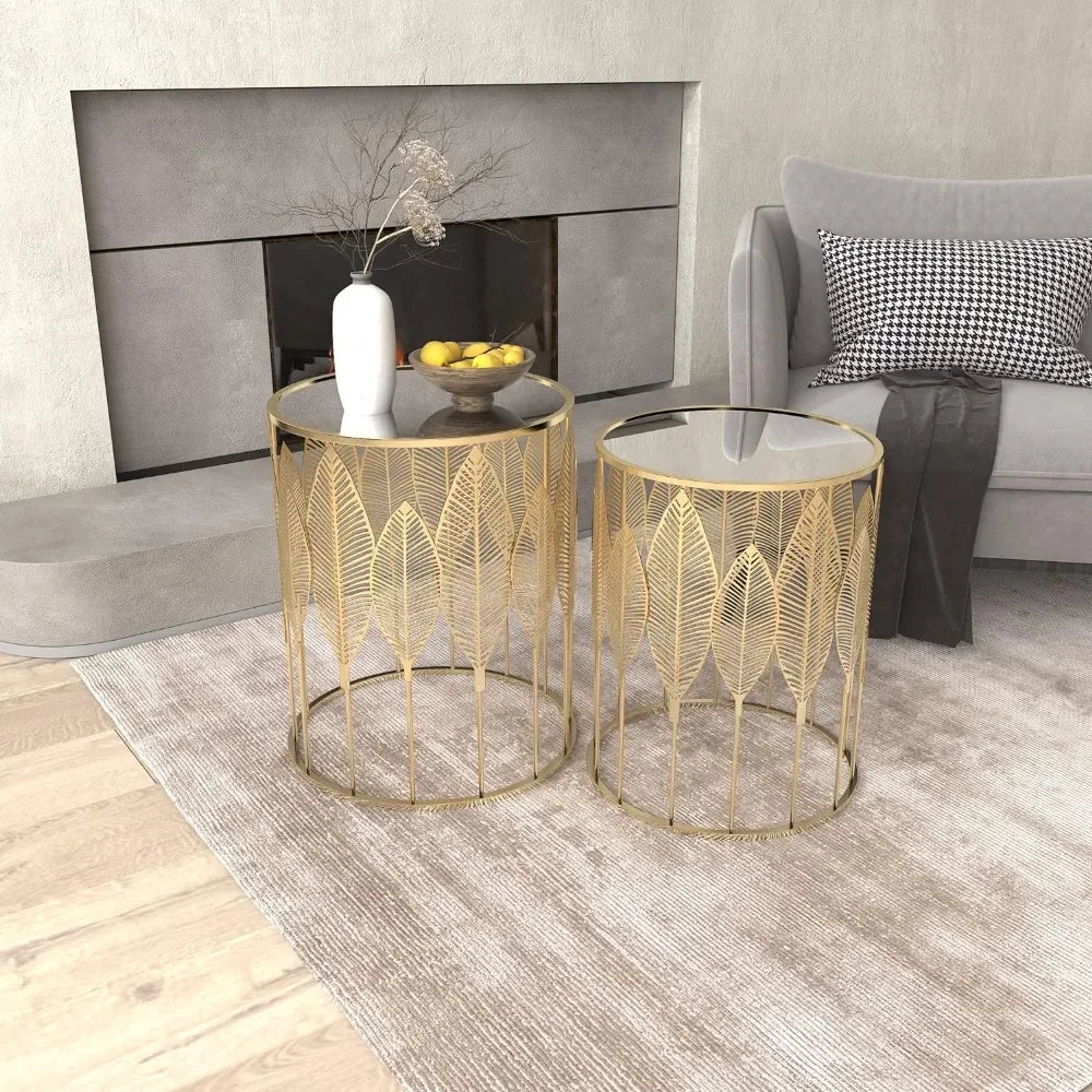Set of 2, Gold Coffee Table, Round Nightstands