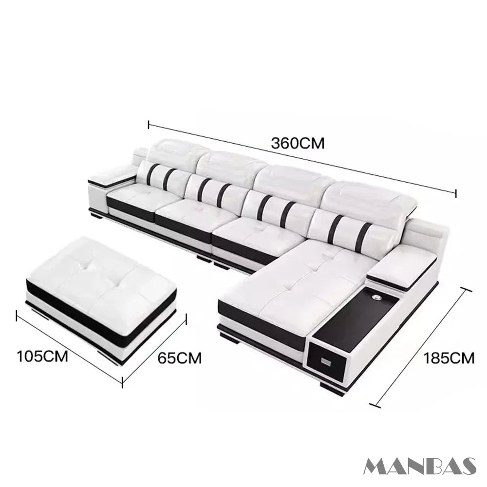 Modern Genuine Leather Sofa - Stylish Italian   with Bluetooth Speaker, USB & Adjustable Headrests