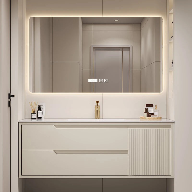 Lacquered Slate Vanity With Sink  Combination Oak Cabinet and Mirror Seamless Integrated Basin Sink