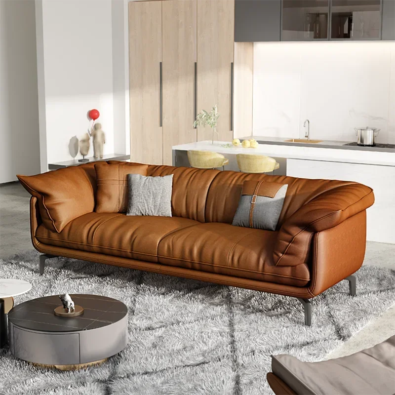 Nordic Simple Soft Sofa  Vintage Brown Girl 3 Seater Designer Leather Love Seat