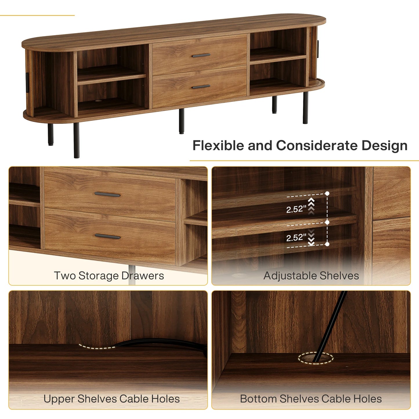 Tribesigns   Mid-Century Modern TV Stand with Sliding Tambour Door, Drawers and Adjustable Shelves, Long Fluted