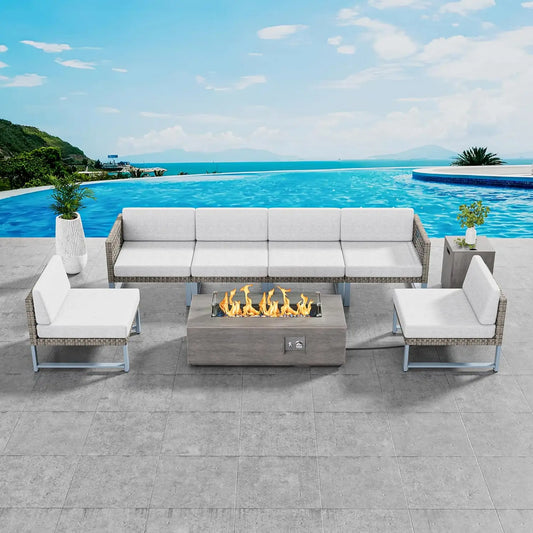 Outdoor  Sectional Couch Table and Chairs Set with .light brown wicker, [propane firepit