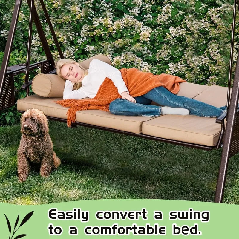 Swing Bench with 2 Side Cup Holder,  Backrest  w/ Cushion, 2 Pillows