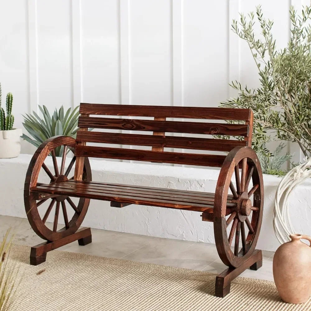 Wooden Wagon Wheel Bench  Furniture W/Rustic Country Design, Brown Patio Benches