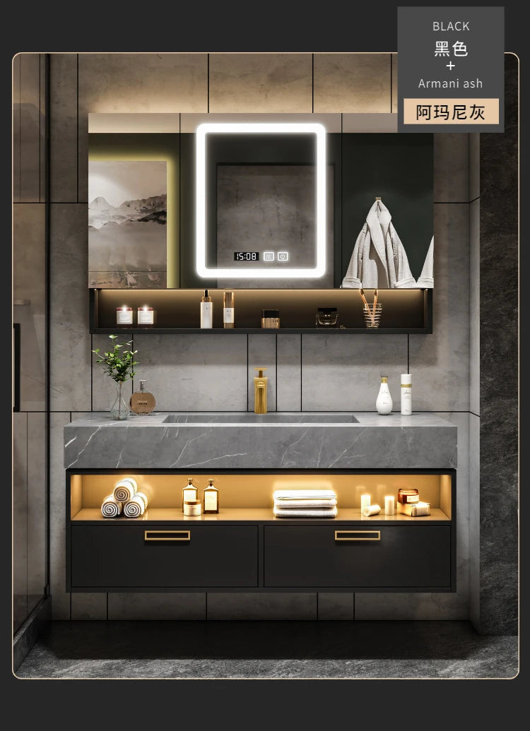 Solid Wood Vanity Cabinet With Wash Basin, Mirror, Light