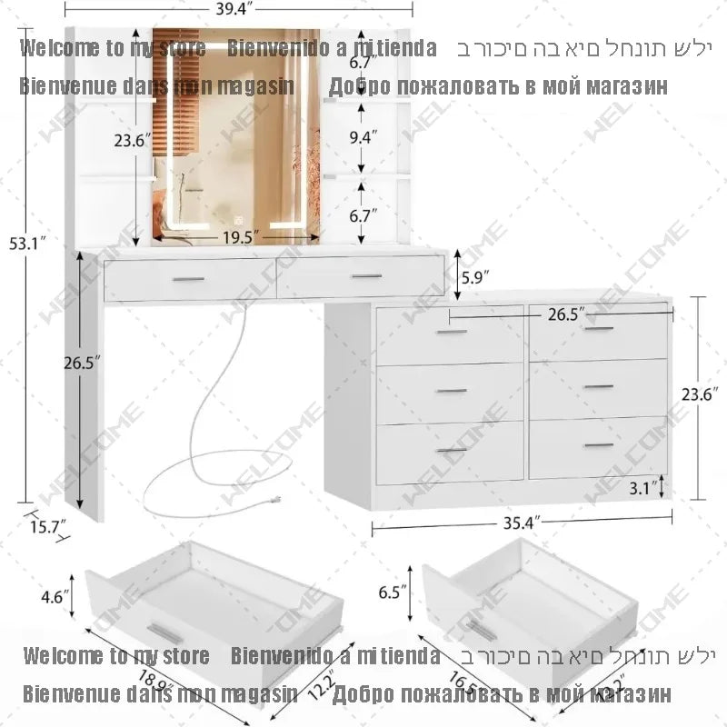 , Makeup Vanity Table with 8 Drawers & Open Shelves,  LED Lighted Mirror, Power Outlet