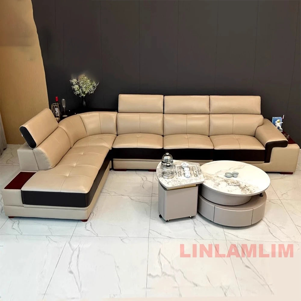 MINGDIBAO Modern Minimalist Genuine  Italian Leather Sectional Sofa with Console, Storage and Speaker