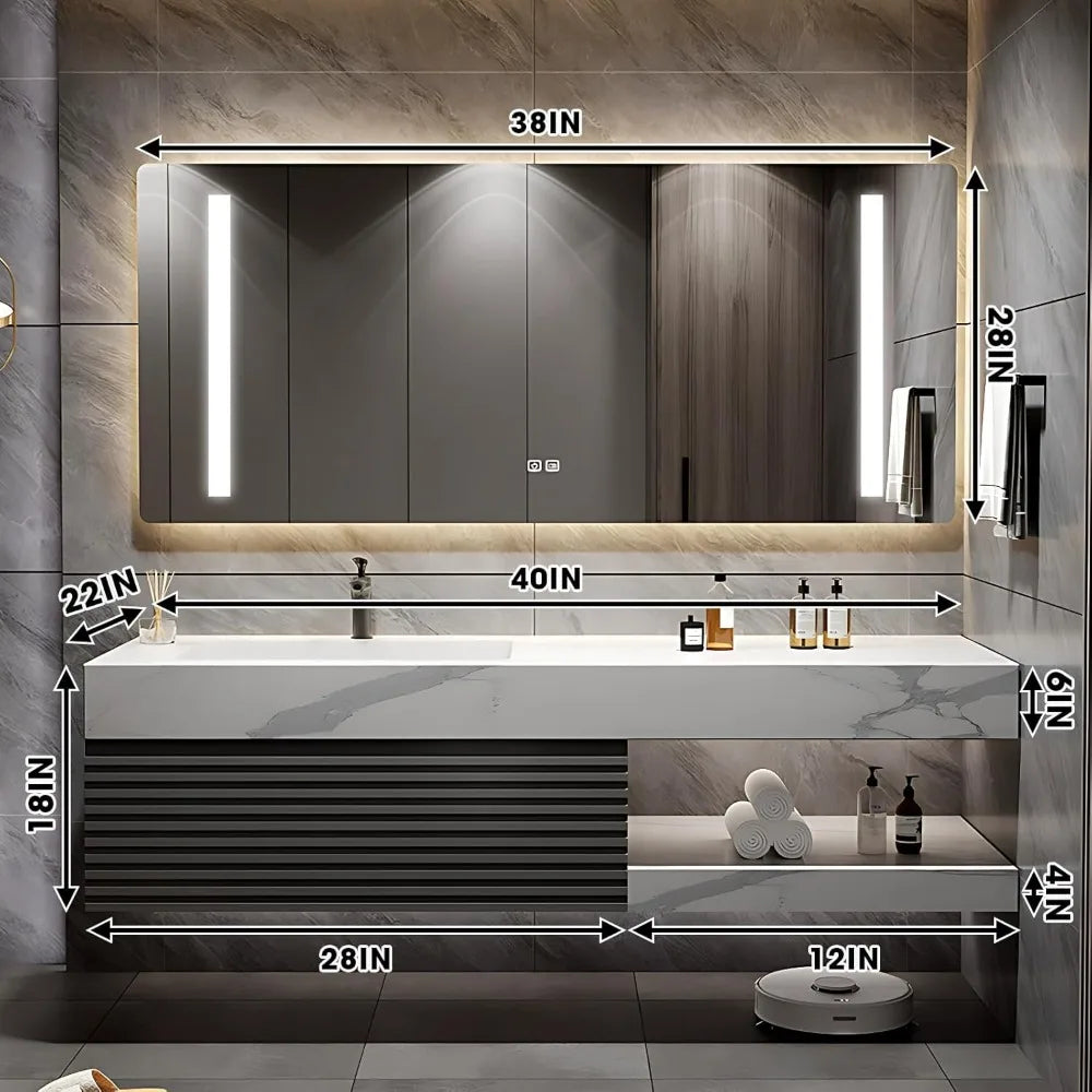 Floating  Vanity Solid wood with sink ,Half Side Cabinet with Striped Door Panel