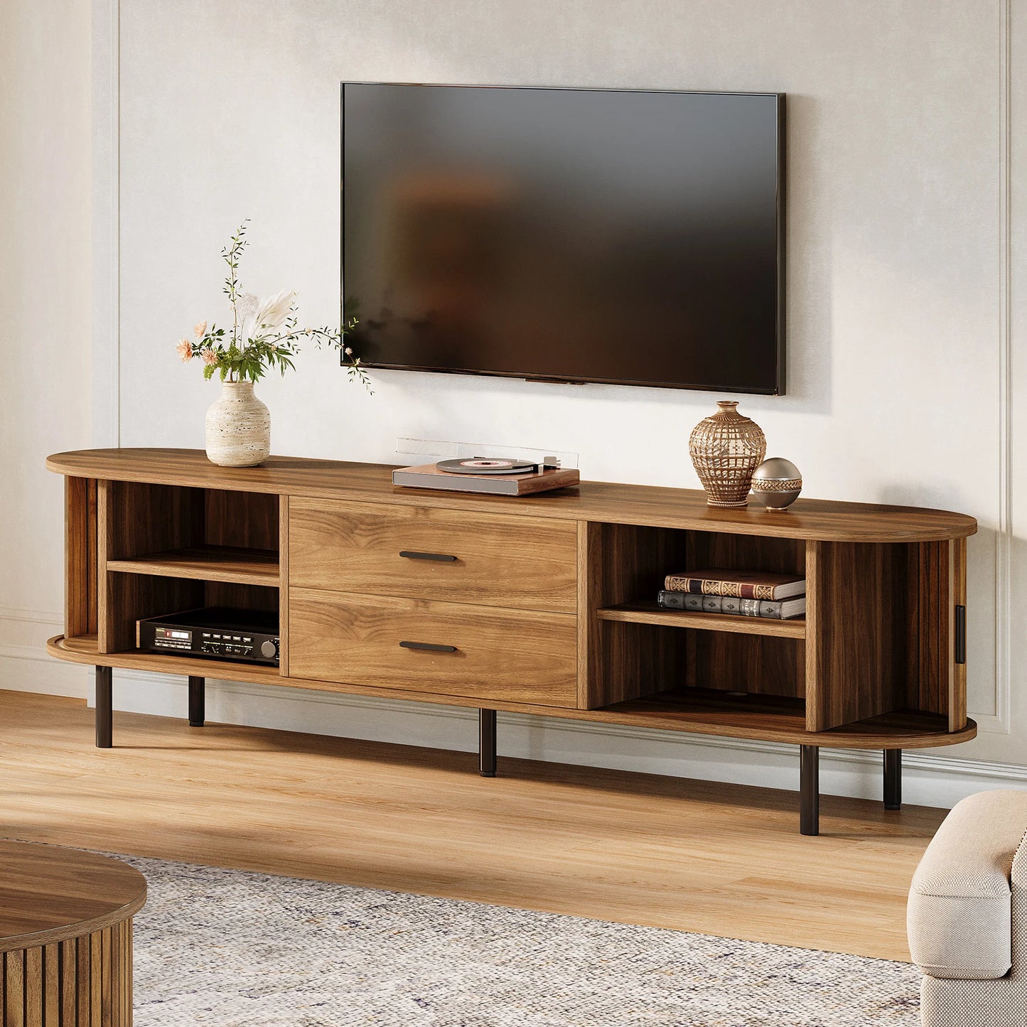 Tribesigns   Mid-Century Modern TV Stand with Sliding Tambour Door, Drawers and Adjustable Shelves, Long Fluted