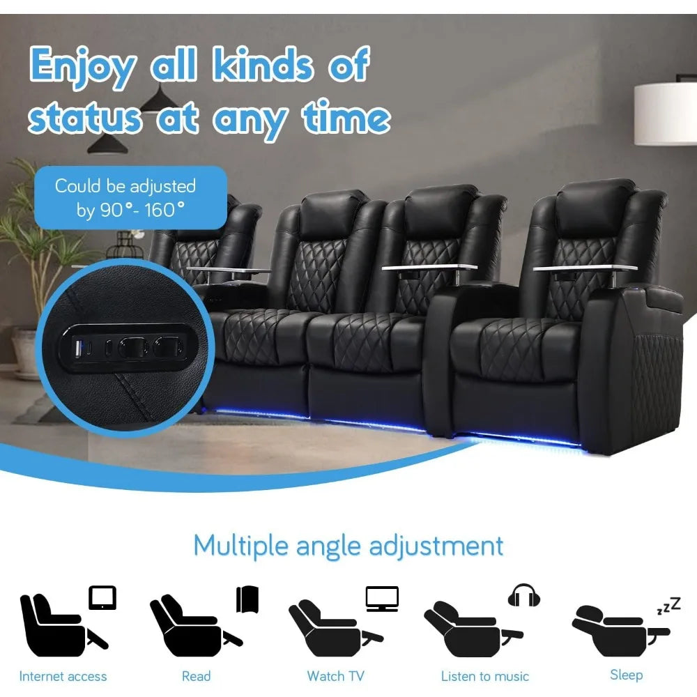 Top Grain Leather Recliner  Dual Power  Electric Headrest with Tray Table Type-C USB ,Black Cup Holders