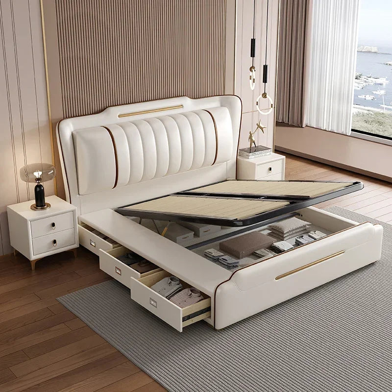 Princess Double Bed  Frame Waterproof Beige  Double Bed Headboards Luxury Platform