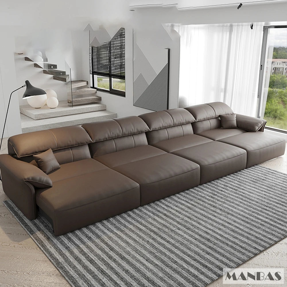 Genuine Leather Sofa  Electric Convertible Recliner – Modern Sectional  Couch with Adjustable Seats and Chaise Lounge