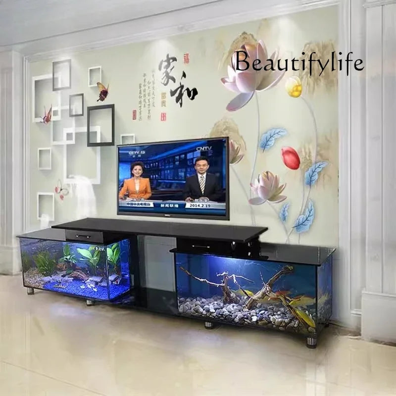 Household TV cabinet fish aquarium ,ultra white , glass table, water-free, double tank
