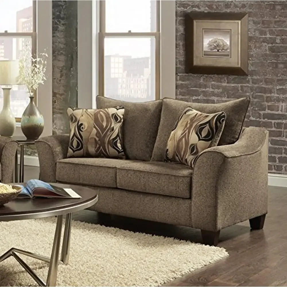 Made in America Easy Assembly Ships, Brown Fabric sofa and Loveseat with Overstuffed Back cushions, high density Foam dest