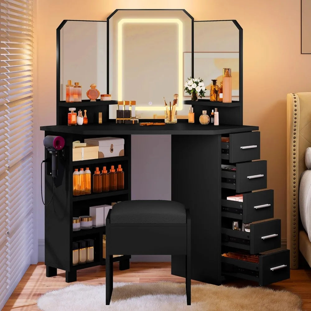 Corner Makeup Table w, Tri-Fold Mirror , Adjustable Light Strips, Stool, Open Shelves