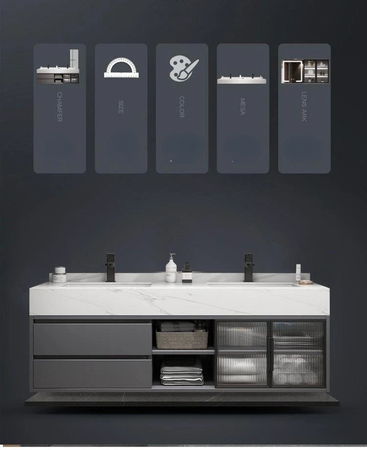 Slate Integrated Vanity Double Sink, Luxury cabinet, mirror,