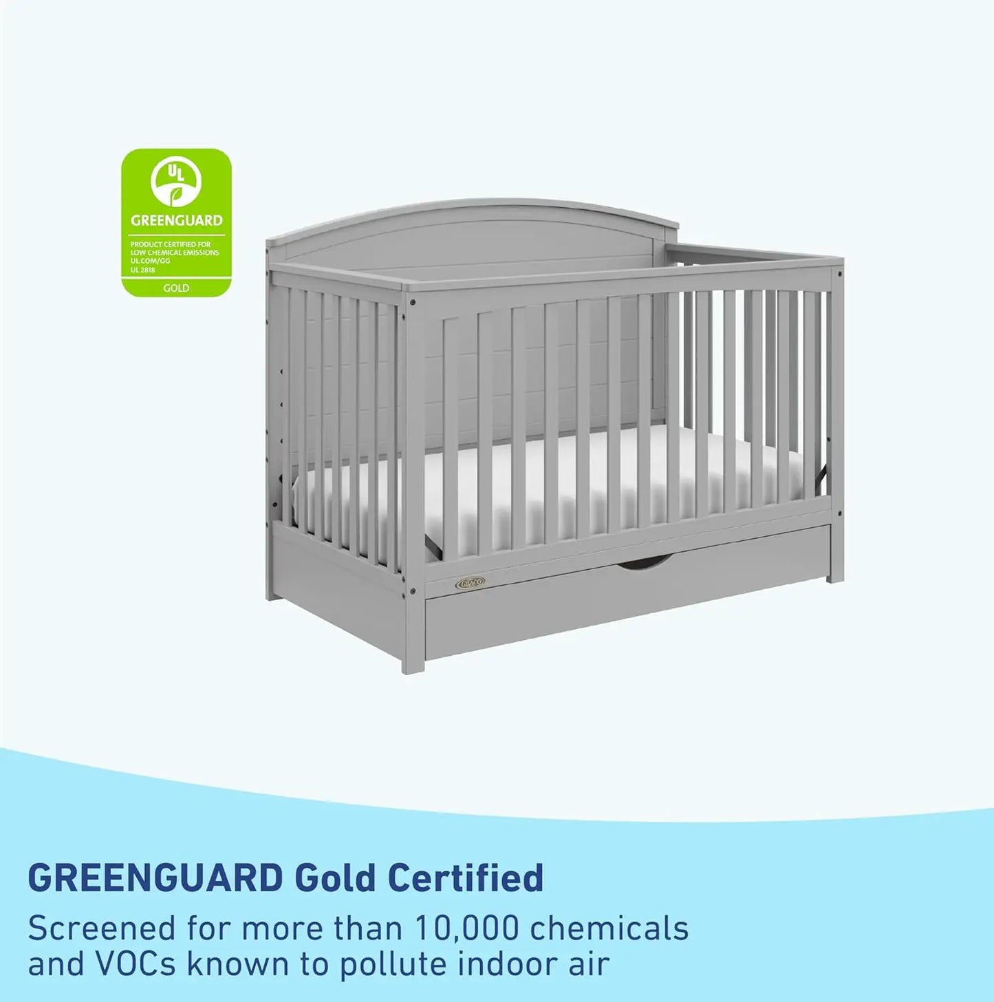 Graco 5-in-1 Convertible Crib (Pebble Gray) -w/ drawer.  Full-Size Storage Drawer, Converts