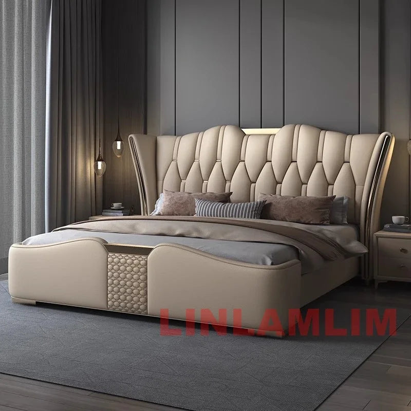MINGDIBAO Luxury Modern Upholstered Bed Frame with Gold Accents, Genuine Leather Designer  Queen/King Size Bed