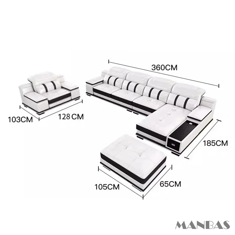 Modern Genuine Leather Sofa - Stylish Italian   with Bluetooth Speaker, USB & Adjustable Headrests