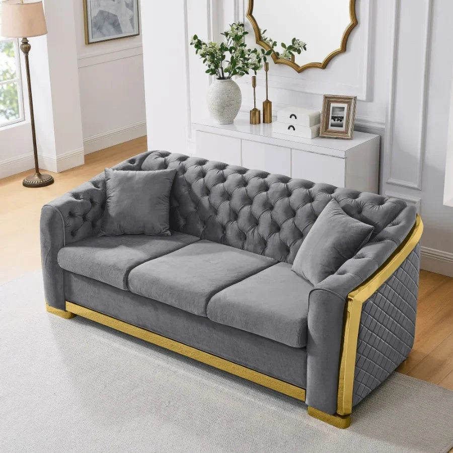 Velvet Luxury Chesterfield Sofa  Tufted 3 Seat with Gold Stainless