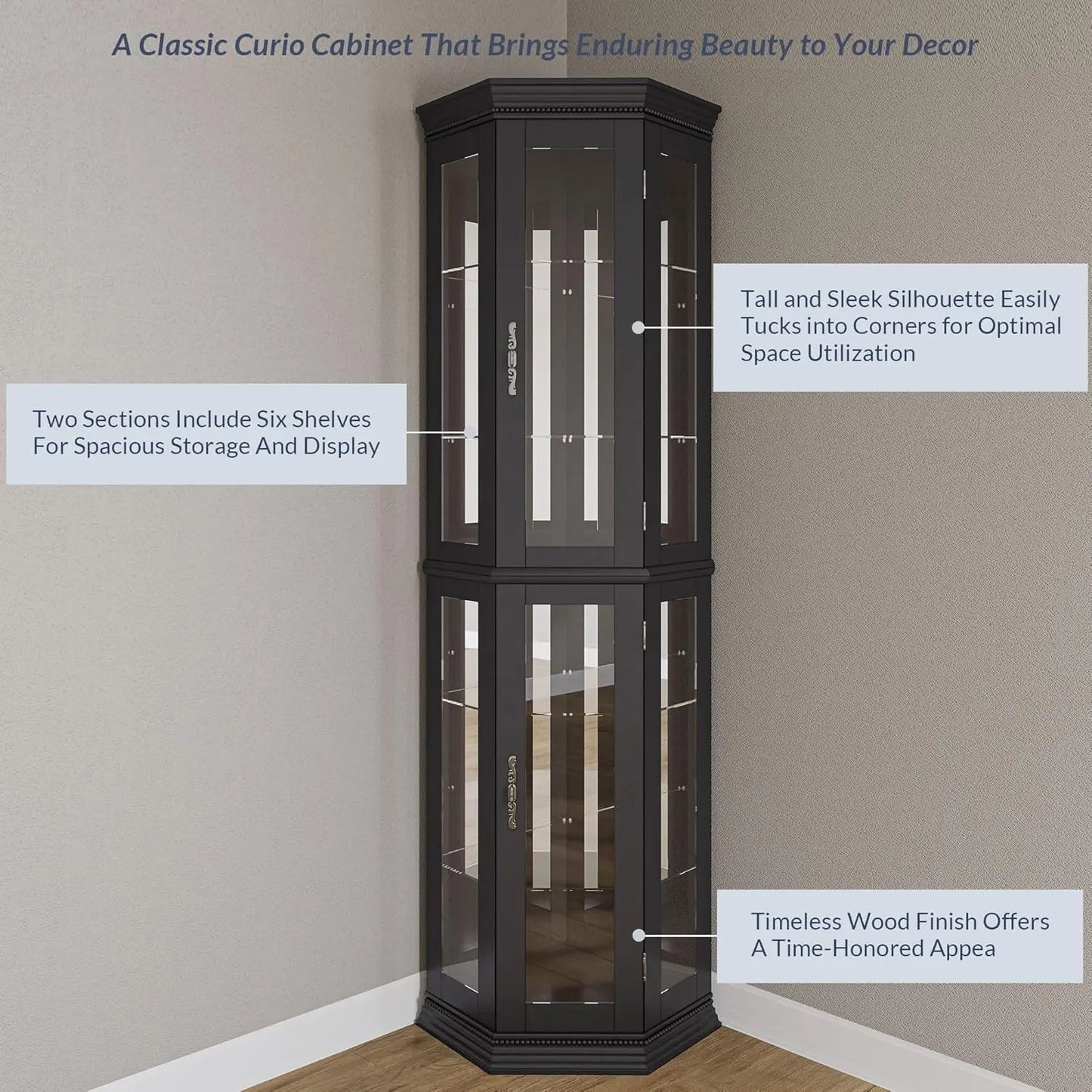 Glass  Curio Cabinet 3 side w/Tempered Glass Doors & Shelves, Accent Woodenwith Bulb