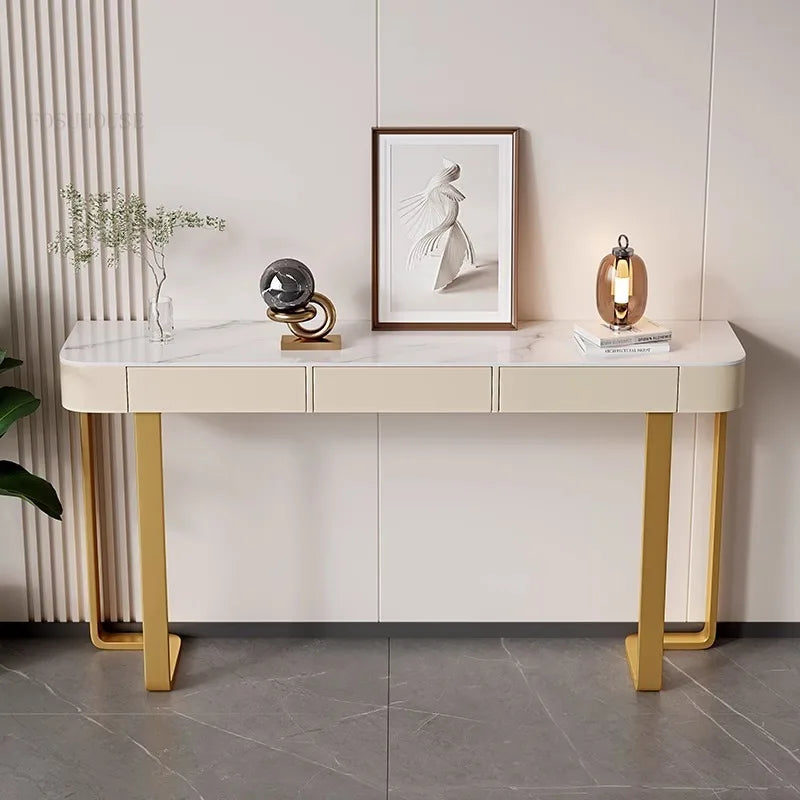 Italian Stone Plate Top Console Table with Drawer Minimalist Cabinet