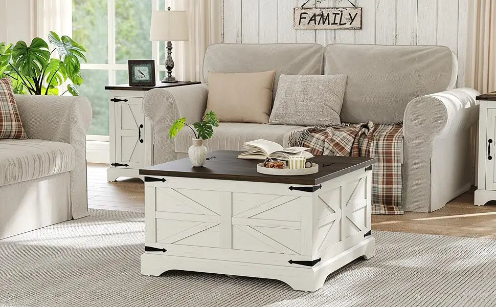 Lift Top Table,Square,  Wood Center Rustic, Cocktail White Moder, hidden storage