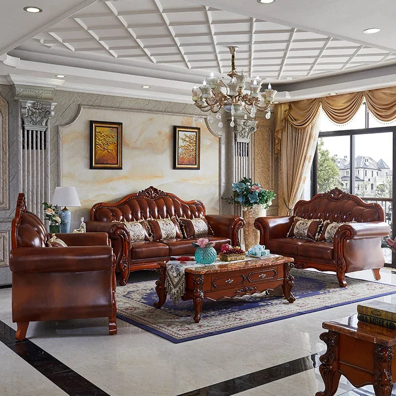 Nordic  Leather Brown Sofa Set Luxury European Design Modern Style Sofa Full Set  3 Seater