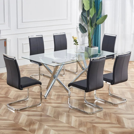 Modern Leather Chairs Set of 6,Padded Seat and Sturdy Chrome Legs. Black