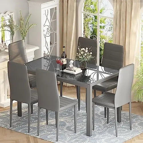 Modern Small Space Set, 7 pc set for 6, Glass table & PU Leather chairs              ,