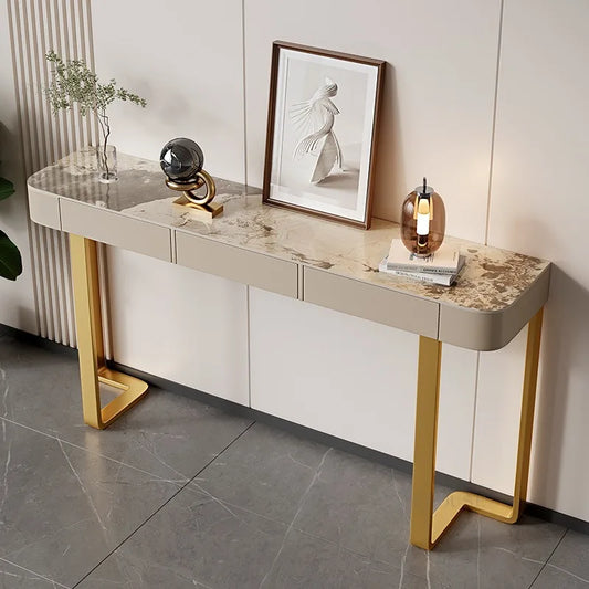 Italian Stone Plate Top Console Table with Drawer Minimalist Cabinet