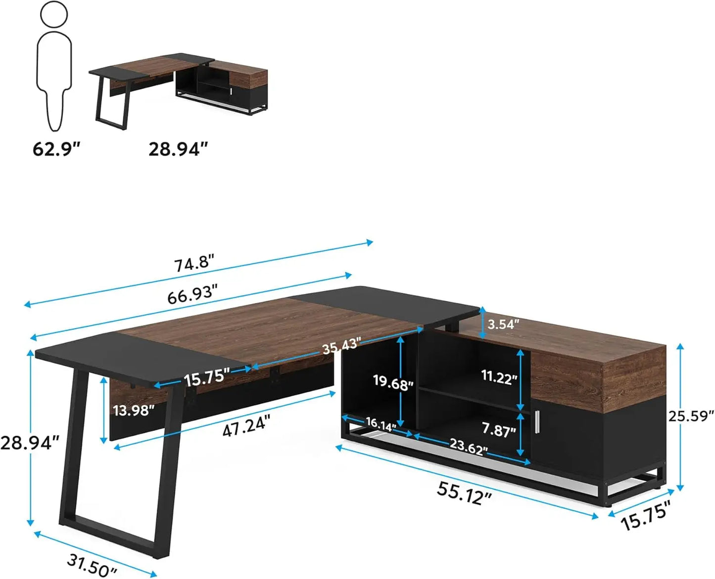 Executive and  Lateral File Cabinet, Large L-Shaped Desk with Storage Cabinet , Shelves