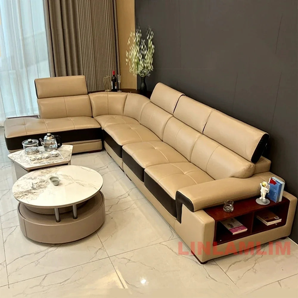 MINGDIBAO Modern Minimalist Genuine  Italian Leather Sectional Sofa with Console, Storage and Speaker