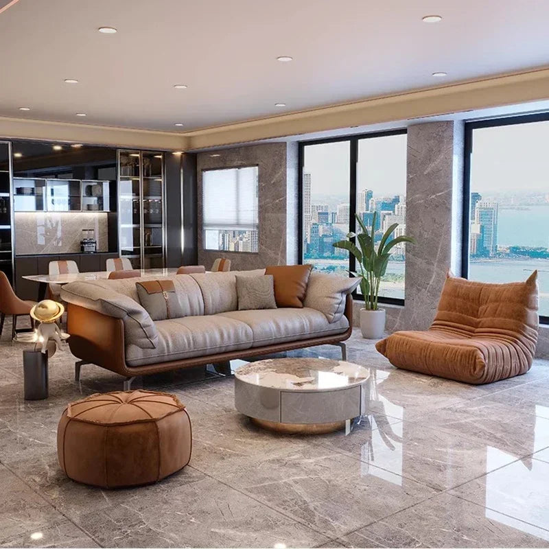 Nordic Simple Soft Sofa  Vintage Brown Girl 3 Seater Designer Leather Love Seat