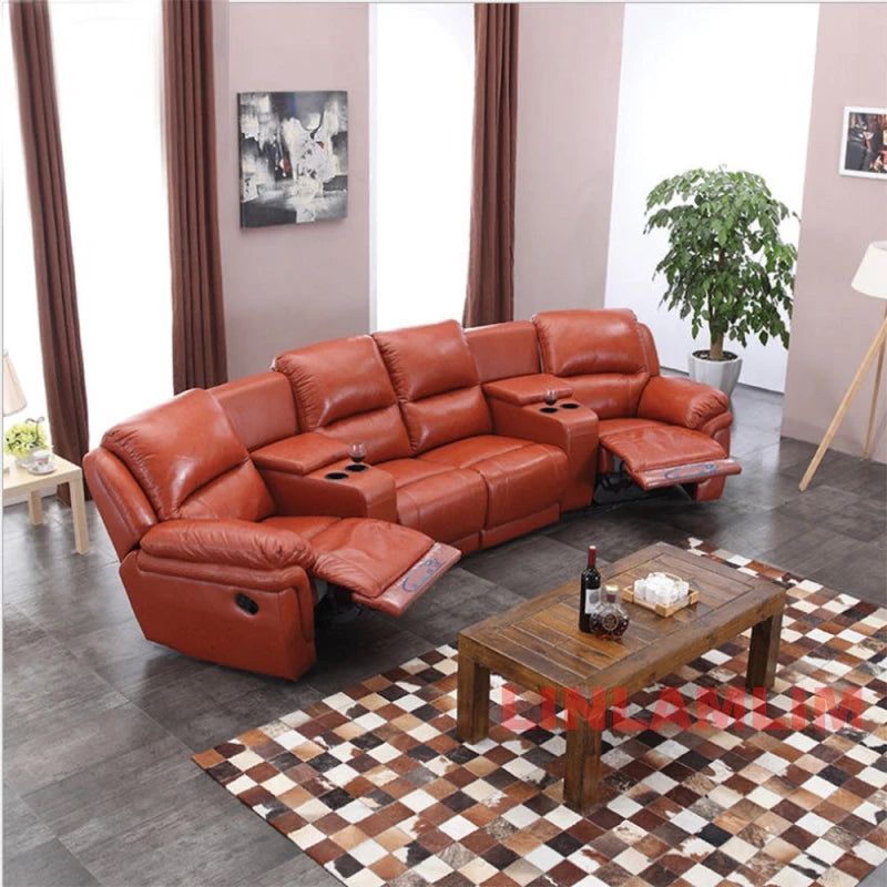 MINGDIBAO  Italian  Genuine Leather Sofa Retractable Theater Reclining Armchair 4 Seater manual and electric