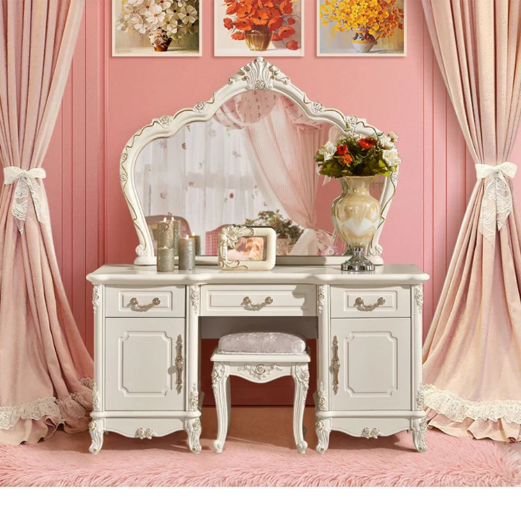 Nordic European Luxury  Girls Wooden White Tall Makeup Vanity
