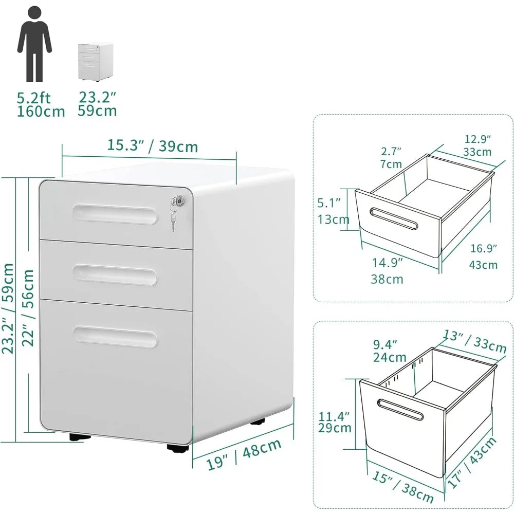 Metal File Cabinet, 3 drawers, rolling, lock, mobile,
