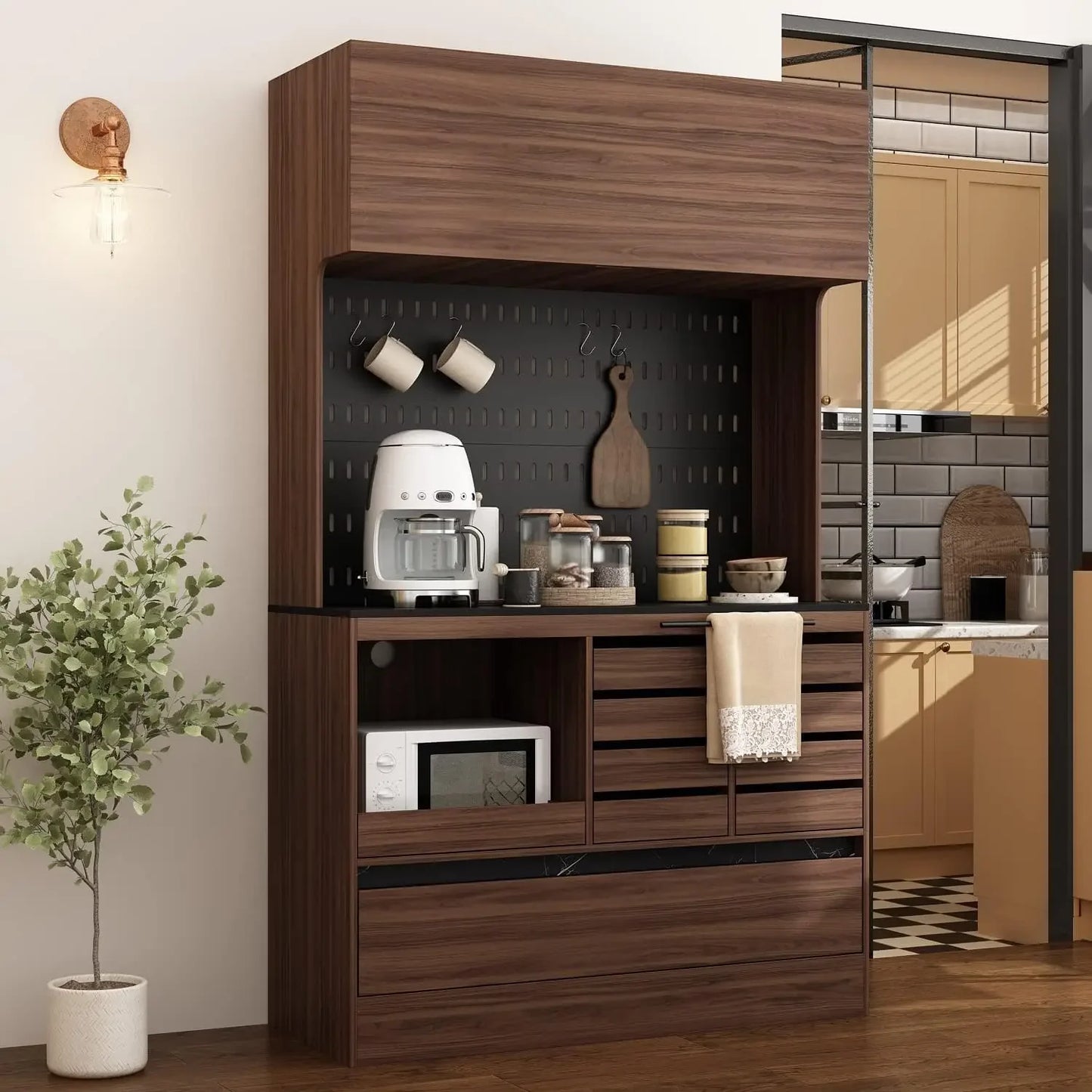 Large  Pantry Storage Cabinet with 9 Drawers , Open Shelf Buffet Cupboard
