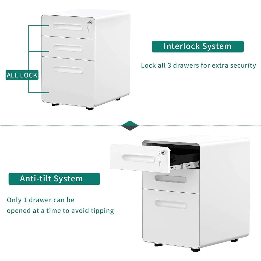 Metal File Cabinet, 3 drawers, rolling, lock, mobile,