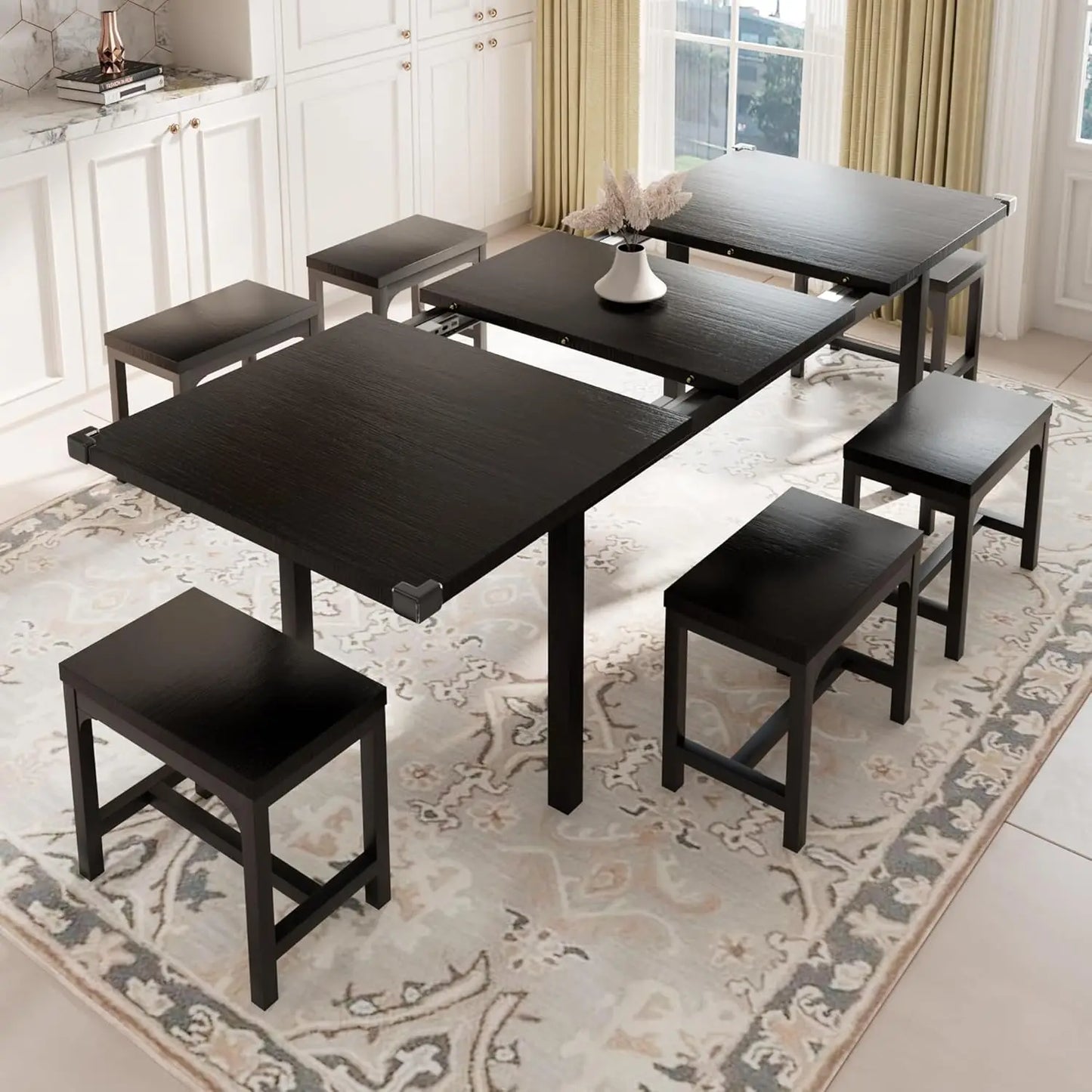 7-Piece  Table Set with 6 Stools  Large Extendable Set for 4-8 Mid-Century Table