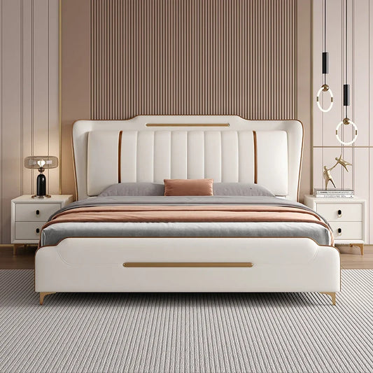 Princess Double Bed  Frame Waterproof Beige  Double Bed Headboards Luxury Platform