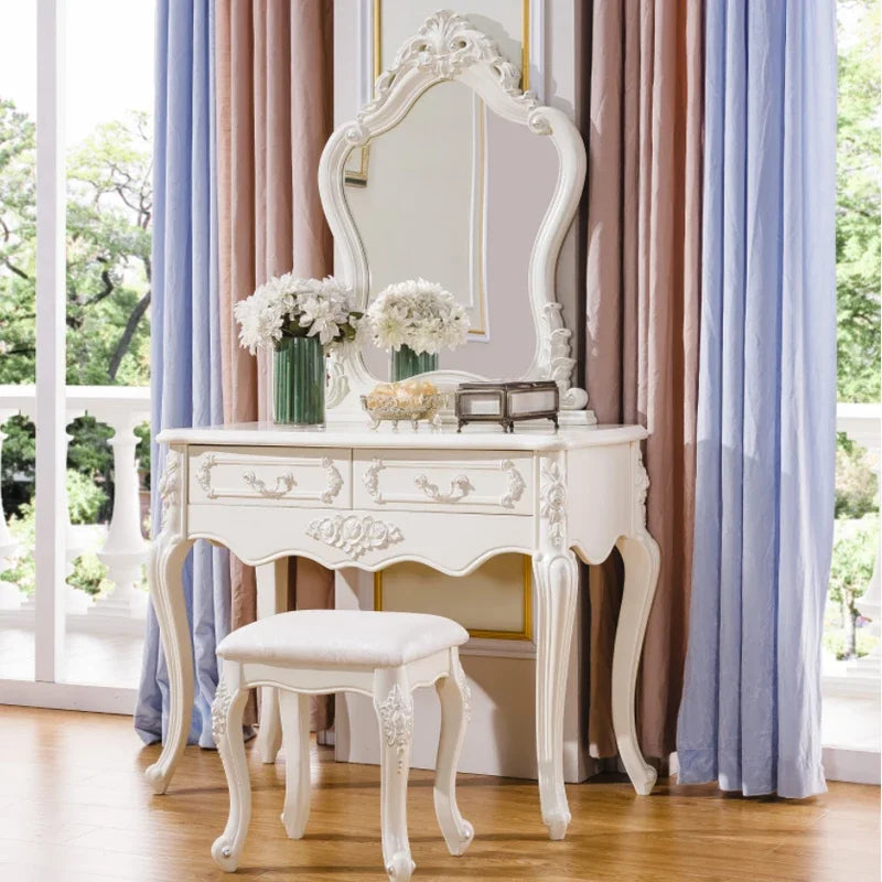 Nordic Wood European Vanity. Luxury  Dressing Table. Mirror Princess Salon