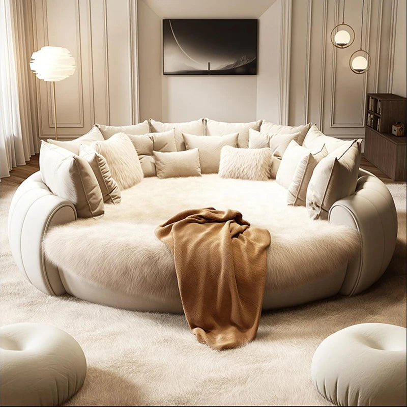 Unique Trendy Modern, Round Queen Bed Lounge Suite, White Cream ,