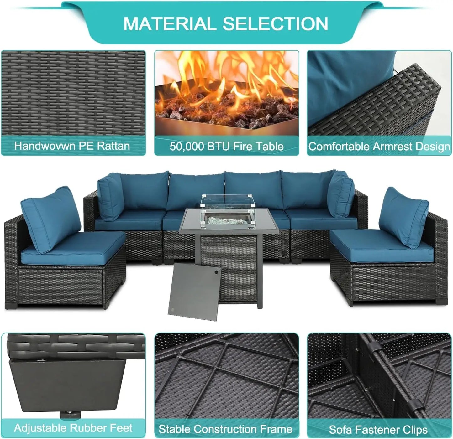 PE Rattan Patio Furniture Set with Cushions, Expresso, -Peacock Blue