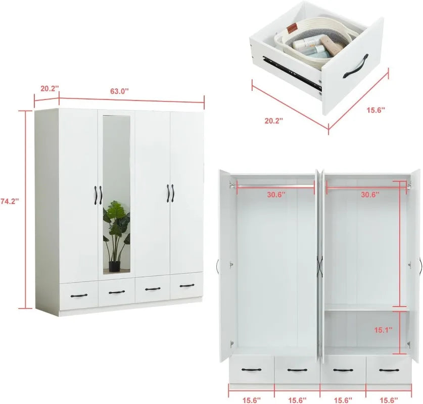 Freestanding Armoires Wood Cabinet Closet with Hanging Rods White Mirror, Four Doors Wood Wardrobe