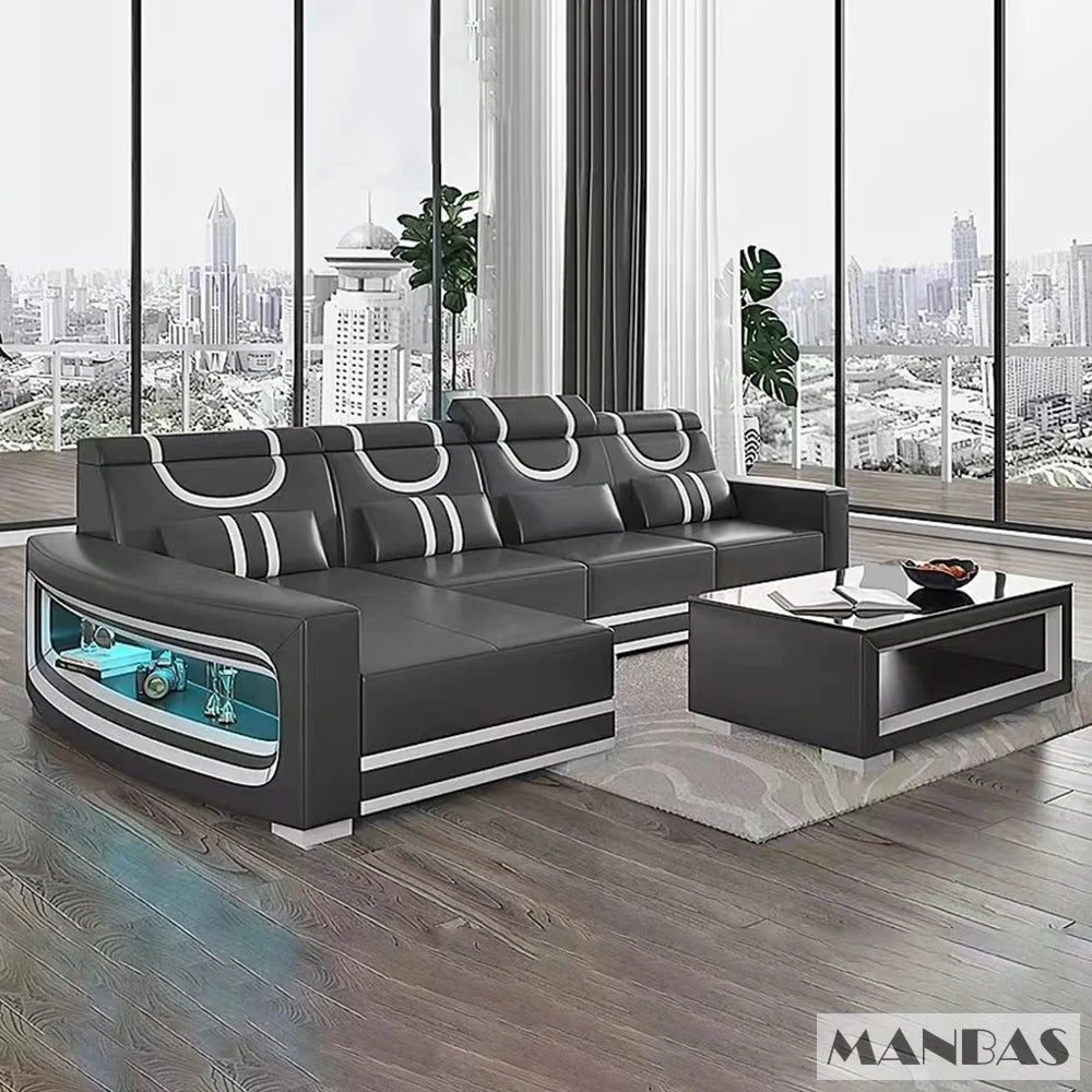 Italian Genuine Leather Sofa - 2 Colors Combination, LED Light & Soft Cushions