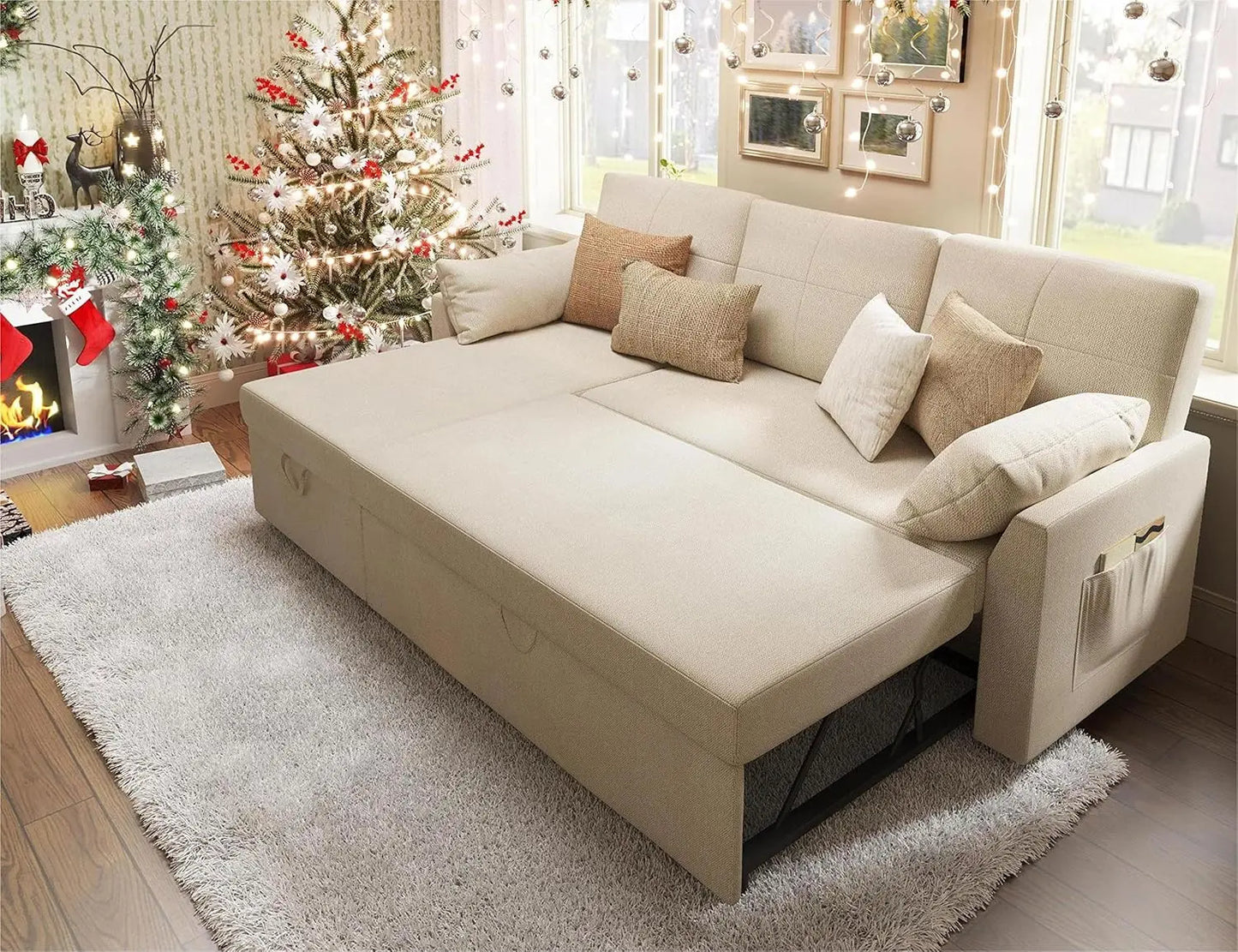 Sofa sleeper with storage,Beige Linen pullout  bed