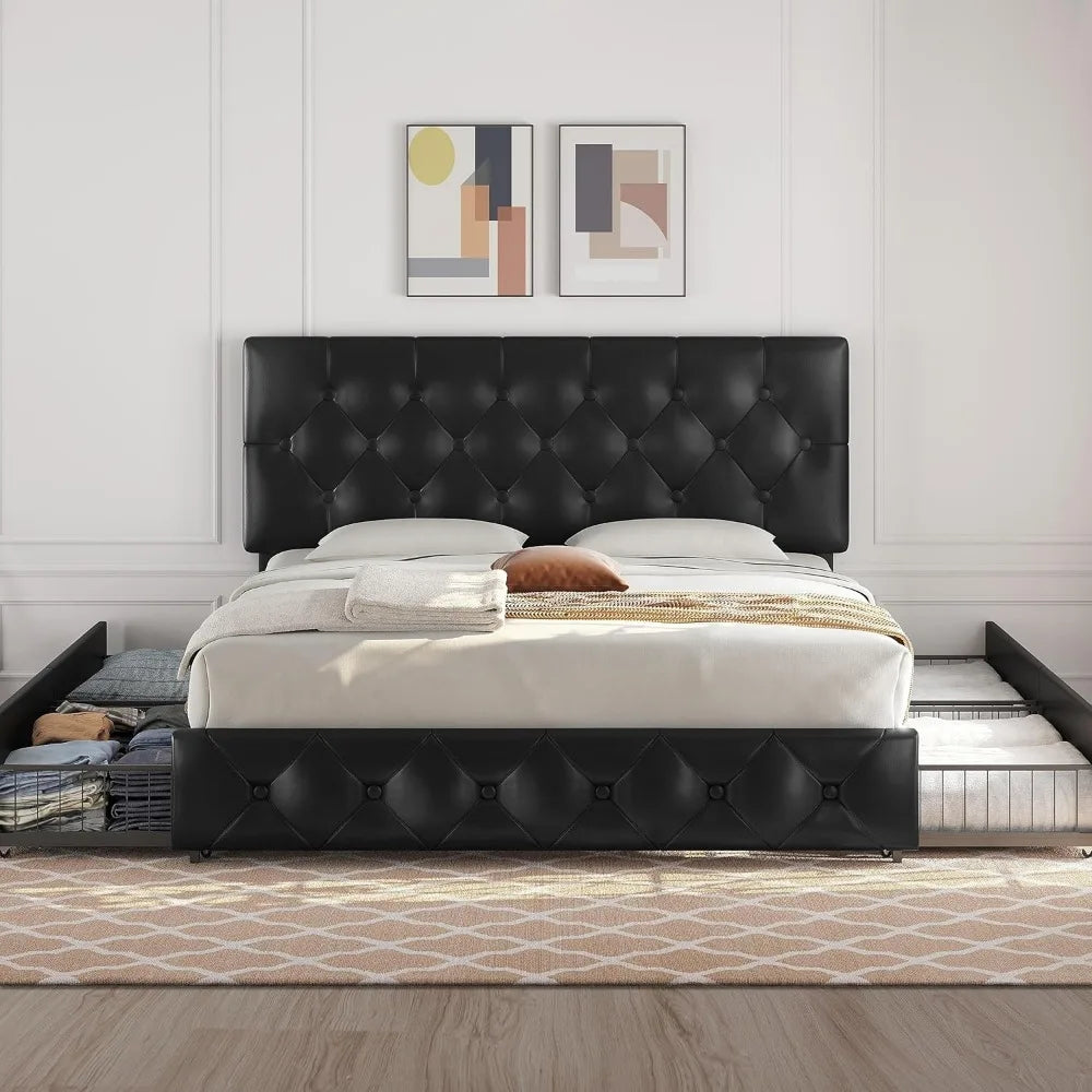 Platform Bed, Frame, Upholstered, Faux Leather, 4 drawers
